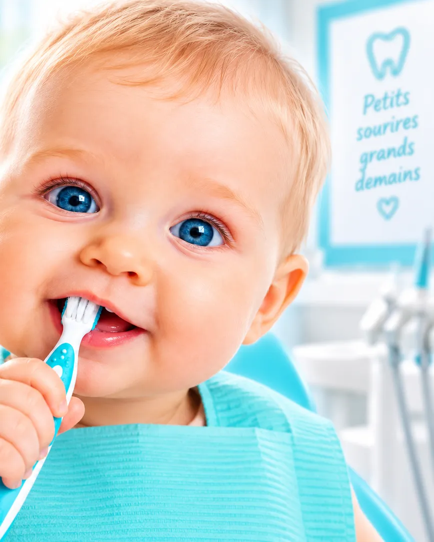 Bébé souriant dans un fauteuil de dentiste turquoise, avec une bavette et sa brosse à dents — Go Dentiste, dentiste pour bébé à Valleyfield et Vaudreuil-Dorion
