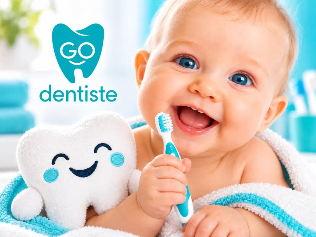 Bébé qui rit, enroulé dans une serviette, avec une dent en peluche et sa brosse à dents — Go Dentiste, dentiste pour bébé à Valleyfield et Vaudreuil-Dorion