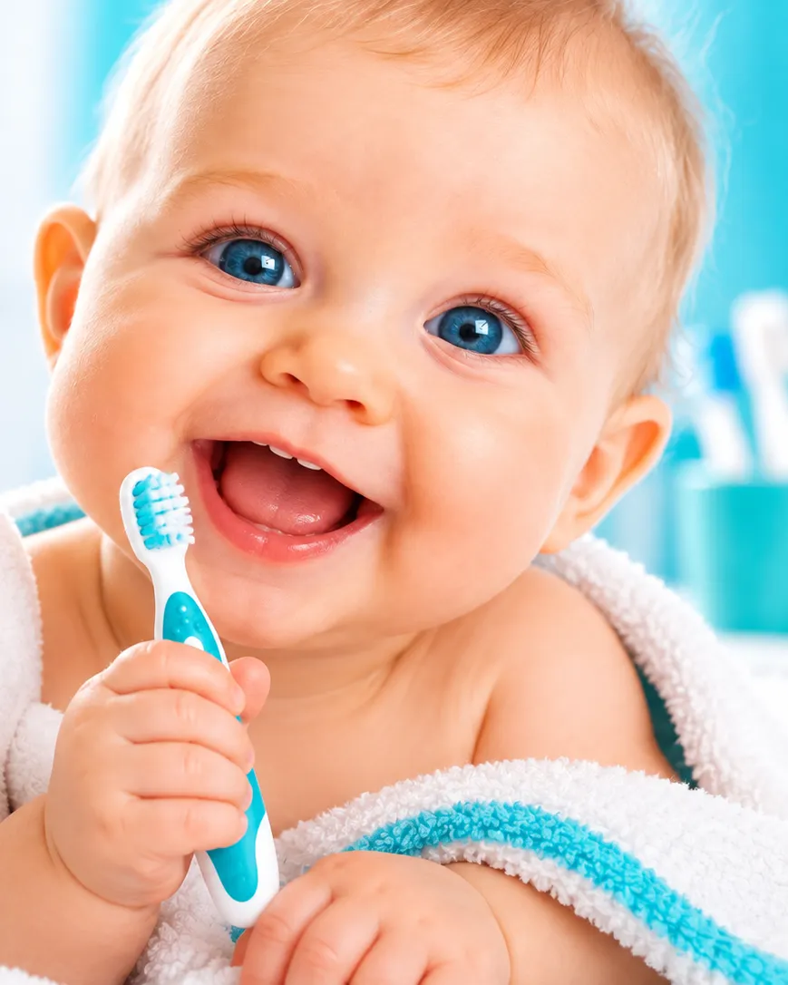 Bébé qui rit, enroulé dans une serviette, avec une dent en peluche et sa brosse à dents — Go Dentiste, dentiste pour bébé à Valleyfield et Vaudreuil-Dorion