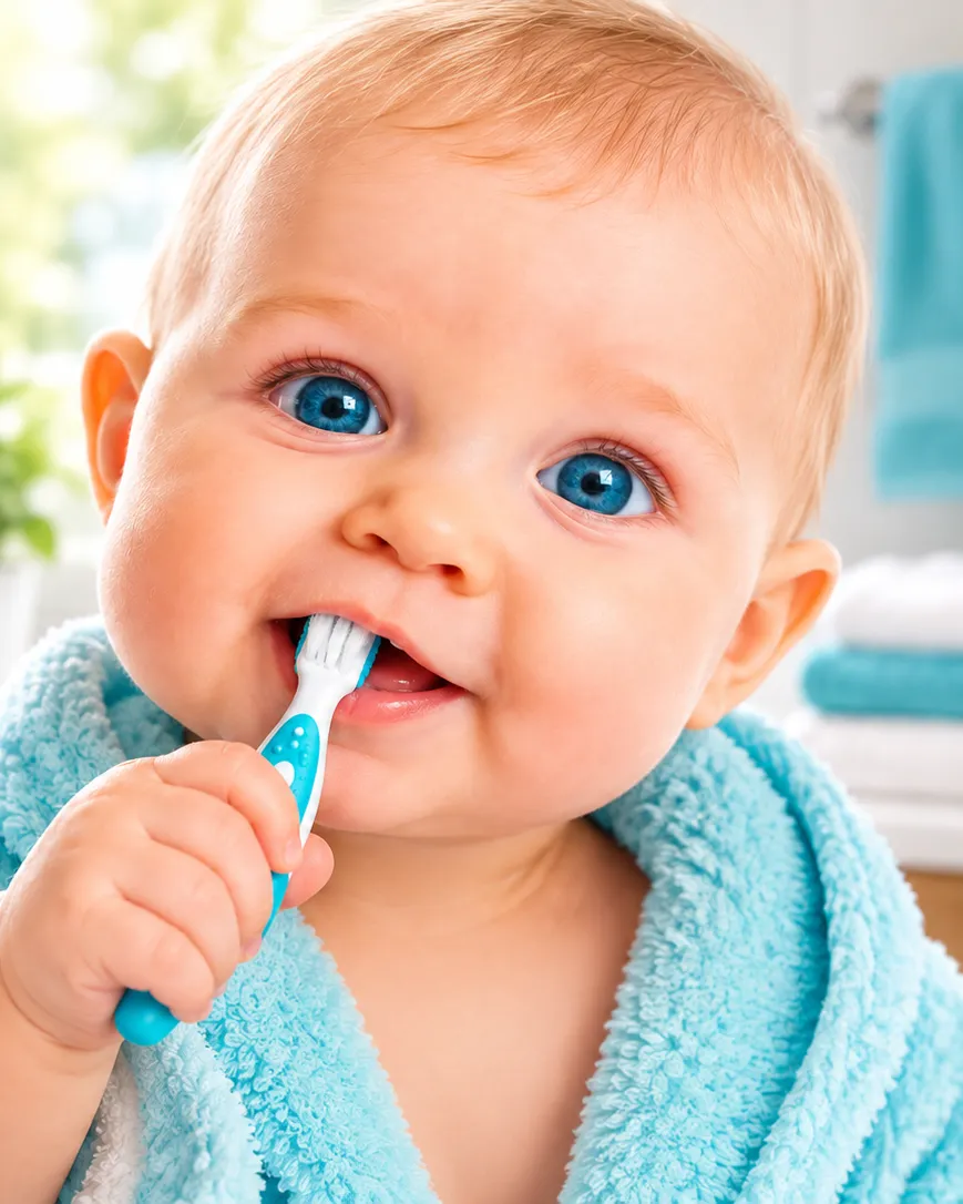 Bébé en peignoir turquoise qui se brosse les dents dans la salle de bain — Go Dentiste, dentiste pour bébé à Valleyfield et Vaudreuil-Dorion