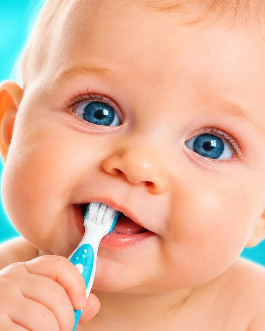 Bébé aux yeux bleus qui sourit en tenant sa brosse à dents dans la bouche — Go Dentiste, dentiste pour bébé à Valleyfield et Vaudreuil-Dorion