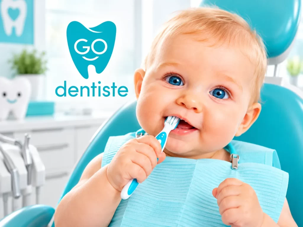 Bébé avec une bavette dans le fauteuil du dentiste, pour sa première visite — Go Dentiste, dentiste pour bébé à Valleyfield et Vaudreuil-Dorion
